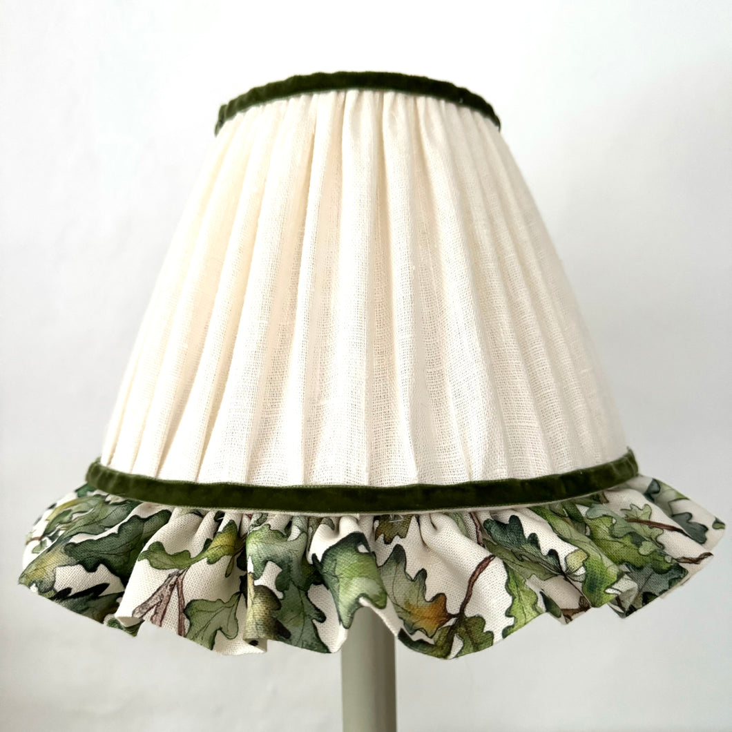 TRADITIONAL GATHERED LAMPSHADE - Cream Linen & Bertioli by Thyme Oak Leaf Ruffle