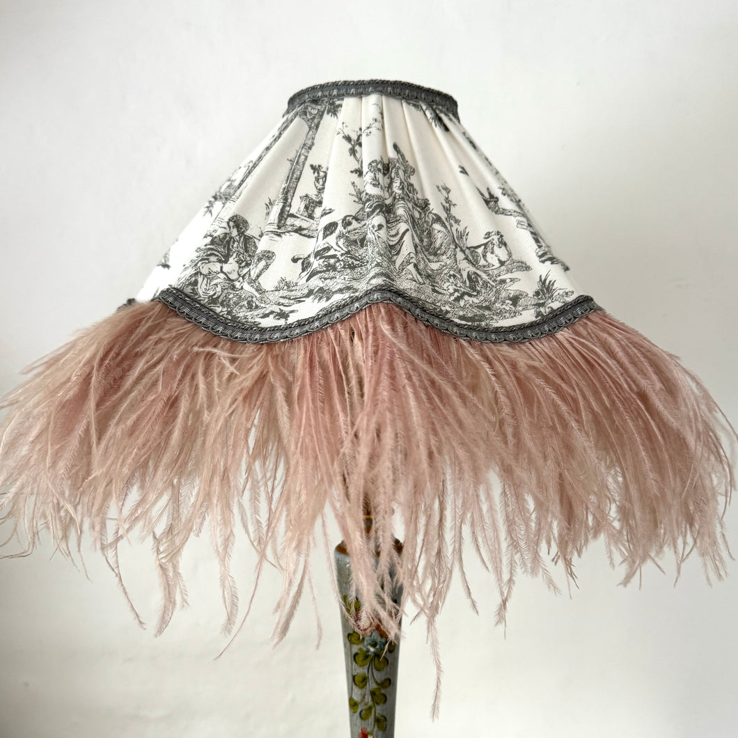 SCALLOPED HETTY FEATHER LAMPSHADE - Grey Toile & Vintage Pink