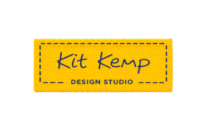 Yellow label with blue stitching logo