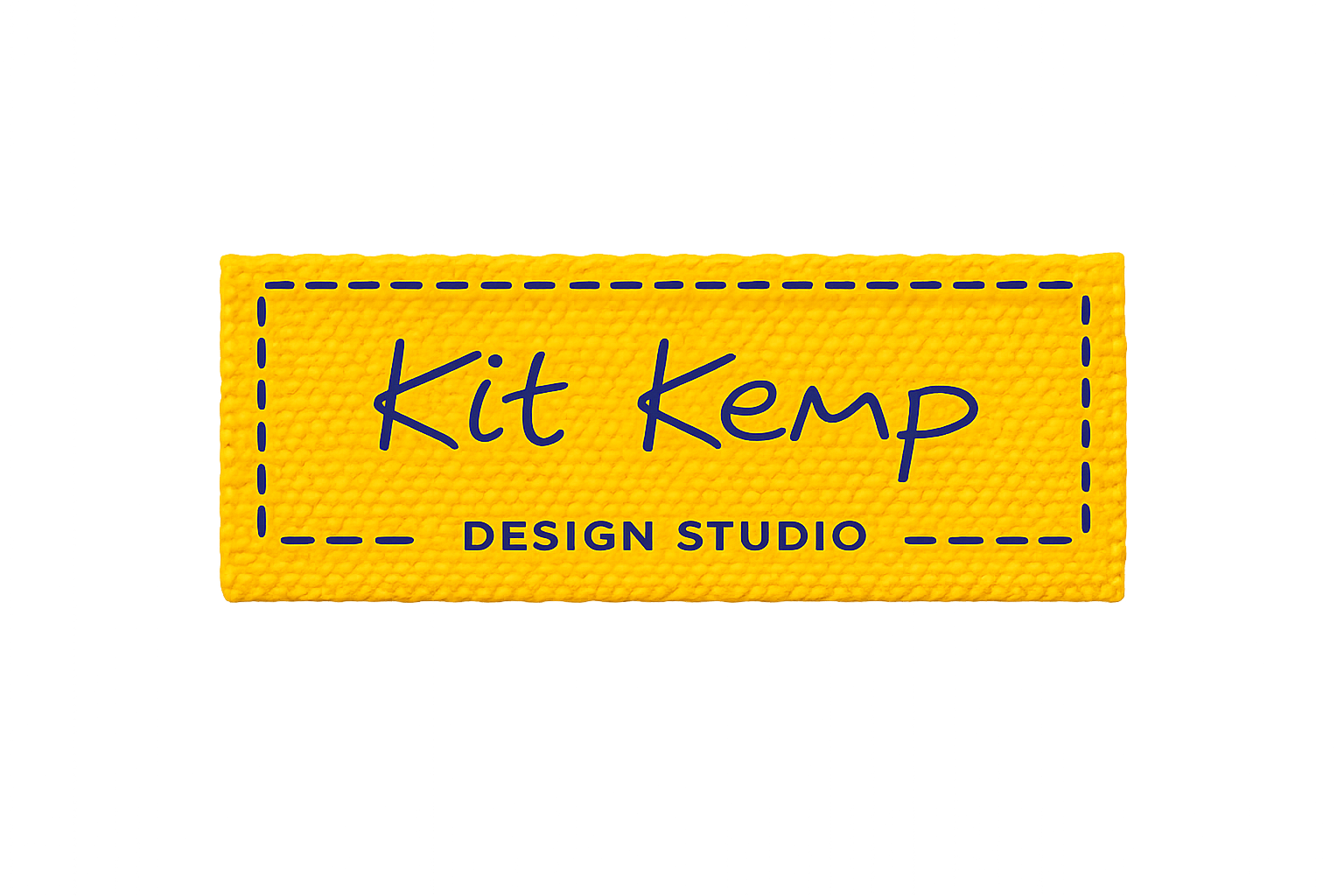 Yellow label with blue stitching logo